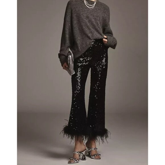 Hutch The Koto Feather Sequin Black Holiday Evening Pants 2 - Picture 1 of 3